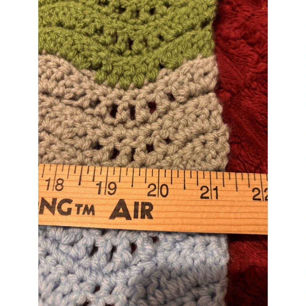 Baby Blanket Handmade Crochet Wave Stitch Green Gray Blue Stripes 25x21 Nursery